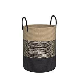 YOUDENOVA Woven Rope Laundry Hamper Basket, 58L Tall Laundry Basket for Blanket Organizer- Clothes Hamper for Bedroom Storage, Baby Kids Nursery Hamper-Large-Black & Brown