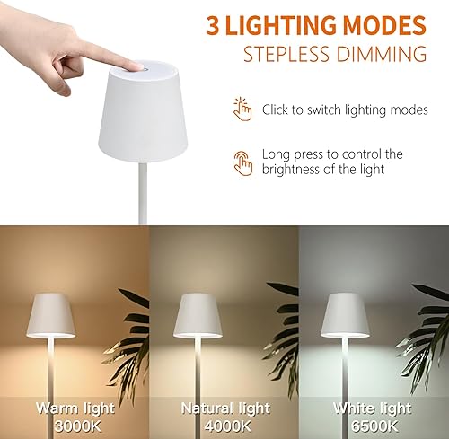 Miniatura 5 de Paquete de 2 lámparas de mesa inalámbricas recargables, 4000 mAh, lámpara de mesa inalámbrica, 3 colores de atenuación continua, lámpara de mesa LED