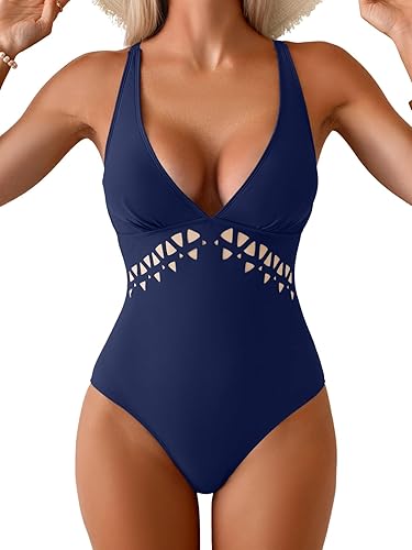 Aidonger Women's One Piece Swimsuit Tummy Control V Neck Bathing Suit Cutout Swi
