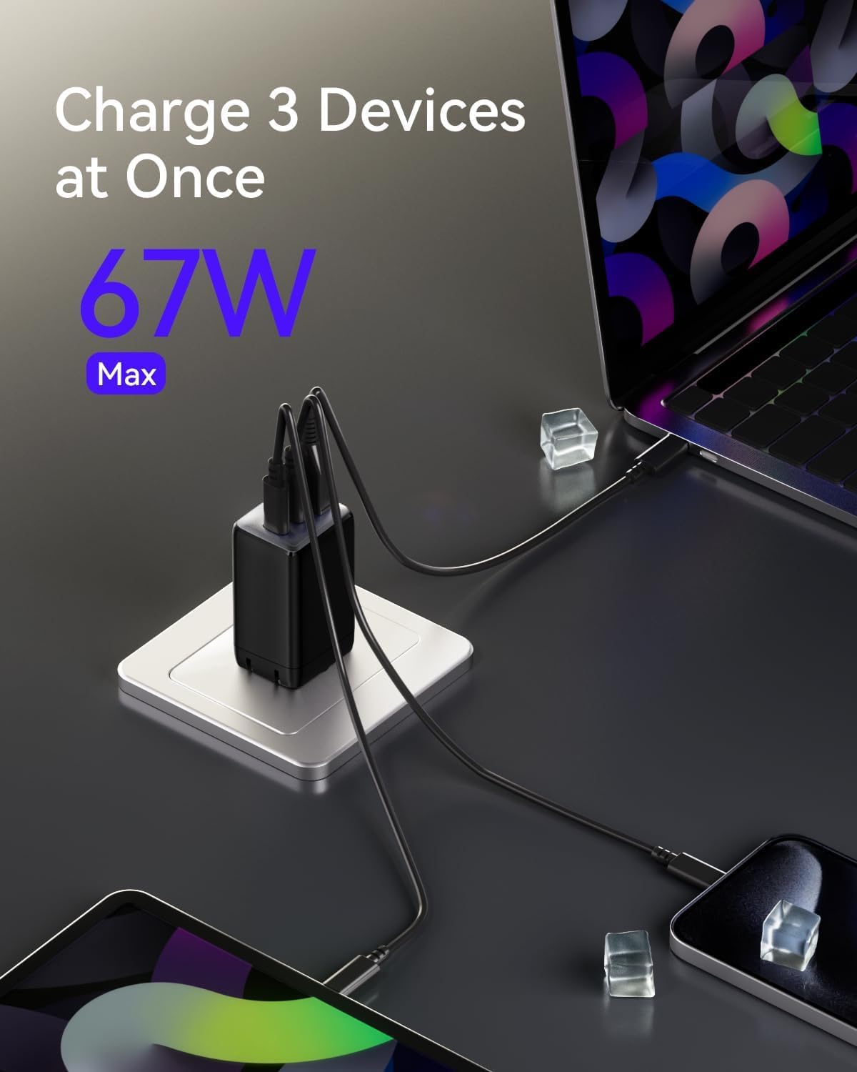 usb c charger, 67w 3-port gan fast compact foldable for macbook pro/air, pixelbook, ipad pro, iphone 16/15/pro, galaxy s25/s24, note20, pixel, apple watch