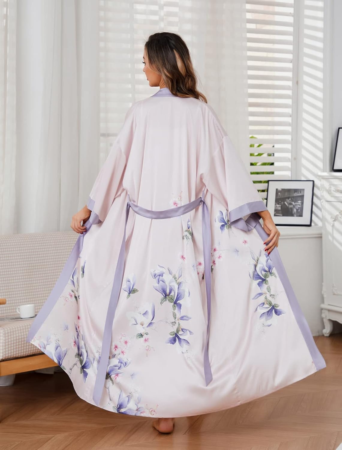 Women's Silk Kimono Robes Long Bathrobes Female Sleepwear Floral Print Wedding Robe Nightgown Satin Bridesmaid Robes - Image 7
