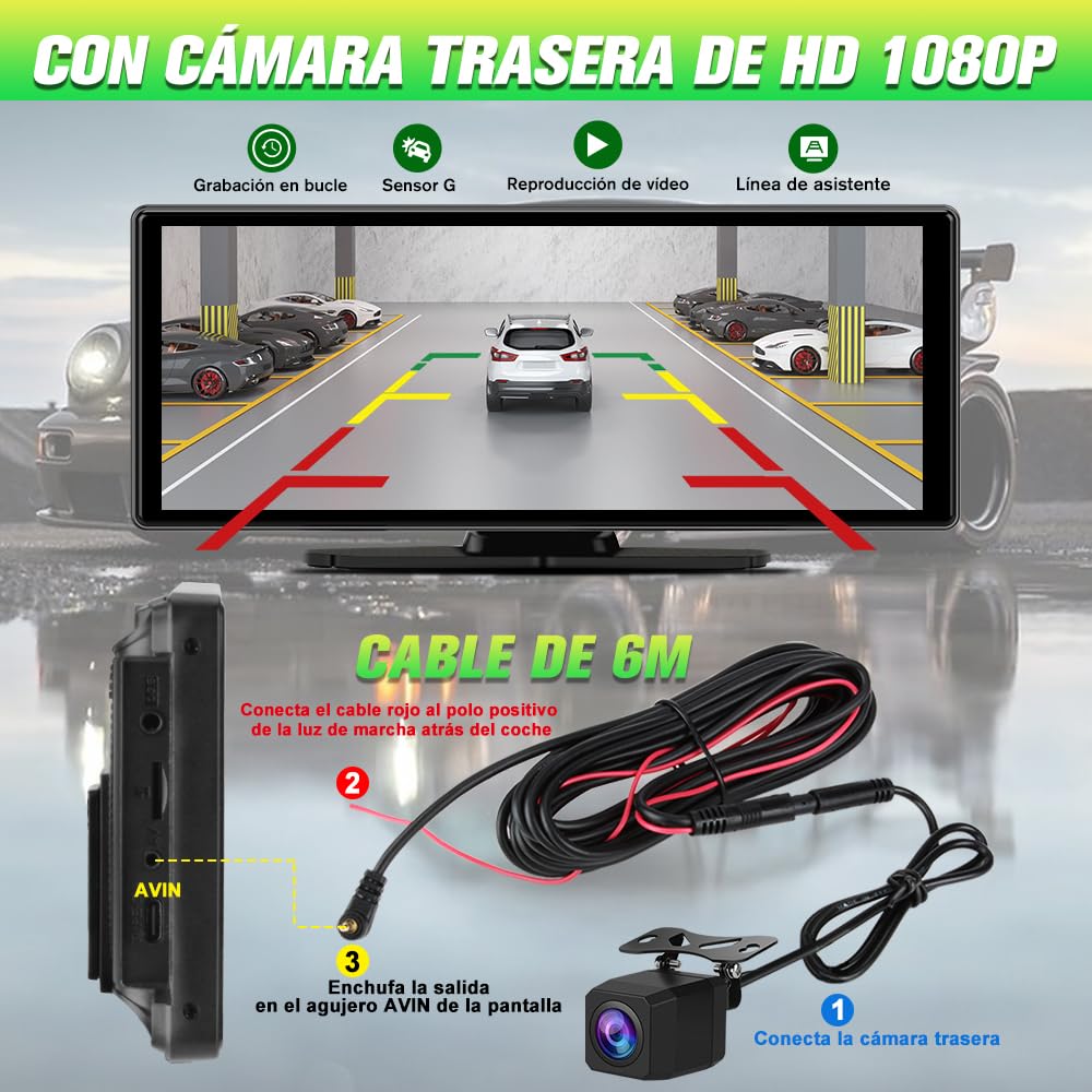 Pantalla Carplay para Coche con CarPlay/Android Auto Inalámbrico, Pantalla Táctil de 10.26 Pulgadas Portátil con Dashcam 4K/Cámara Trasera de HD 1080P/Control por Voz/Bluetooth/Mirror Link