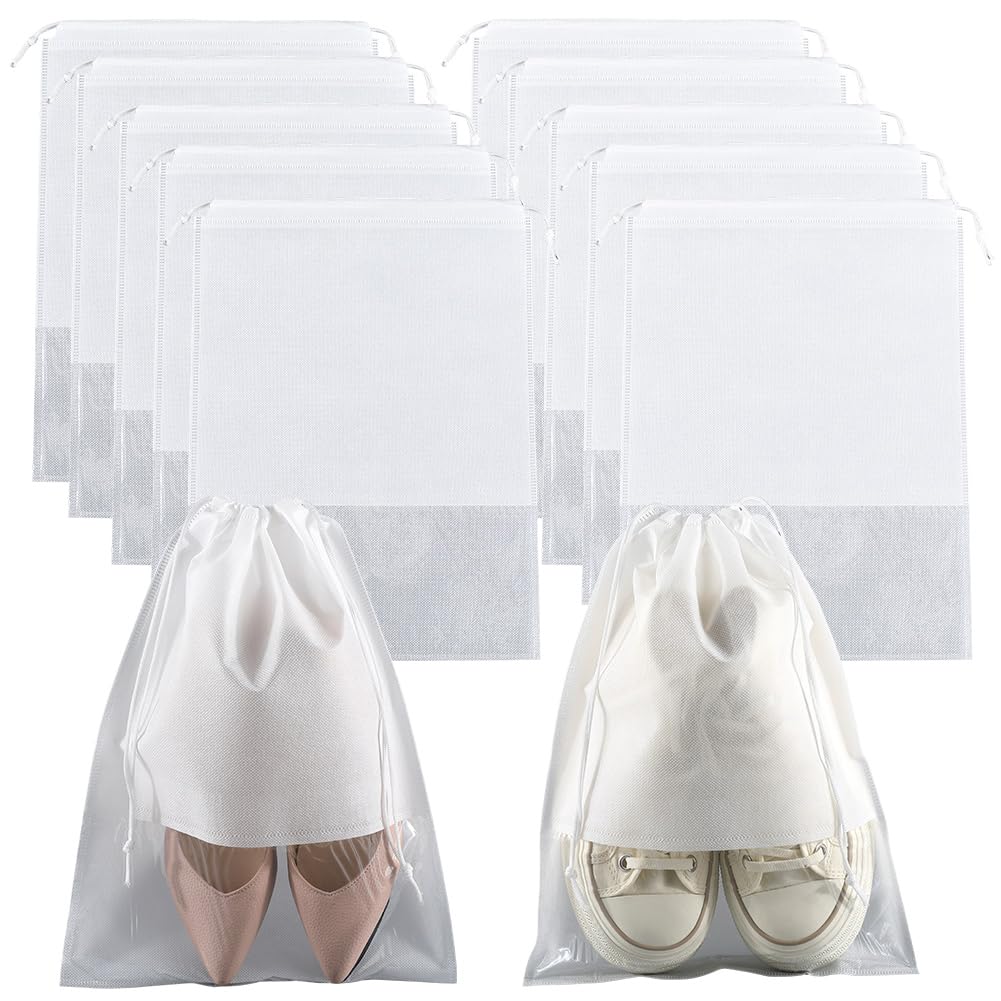 SOFPLATE 10 Pack 14.3 x 10.6 Inch Shoe Drawstring Bags Dust Proof Shoe Bags with Clear Window White Non Woven Cloth Fabric Portable Organizer Pouches