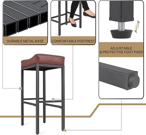 Miniatura 7 de MoNiBloom Juego de 2 taburetes de bar, 31.5 pulgadas de altura de mostrador, estilo retro, asiento de silla de montar de piel sintética con metal