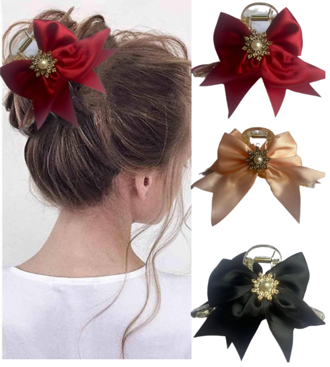 MISS LIRENN® Decorative Elegant Satin Bow Hair Claw with Pearl Crystal Brooch, 03 PCS, Colors- Red, Black, Peach(Multicolor2)