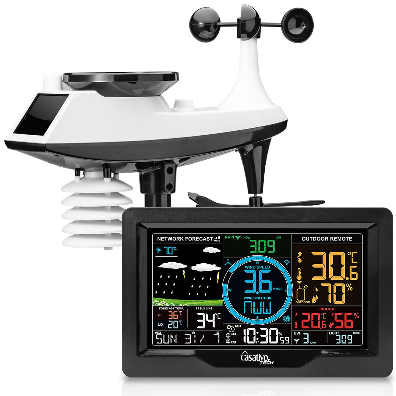 Premium WLAN Wetterstation m. XL-Farbdisplay, Aussensensor, App-Daten, Messung von Temperatur, Regenmenge, Windgeschwindigkeit u. Richtung, Luftdruck