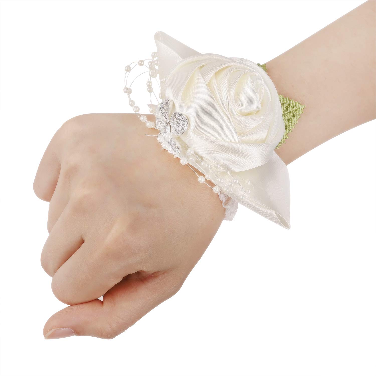 Faxianther Women Girls Chic Floral Wrist Corsage Bracelet Prom Party Wedding Hand Flower Decor Wristband, 1 PC Ivory