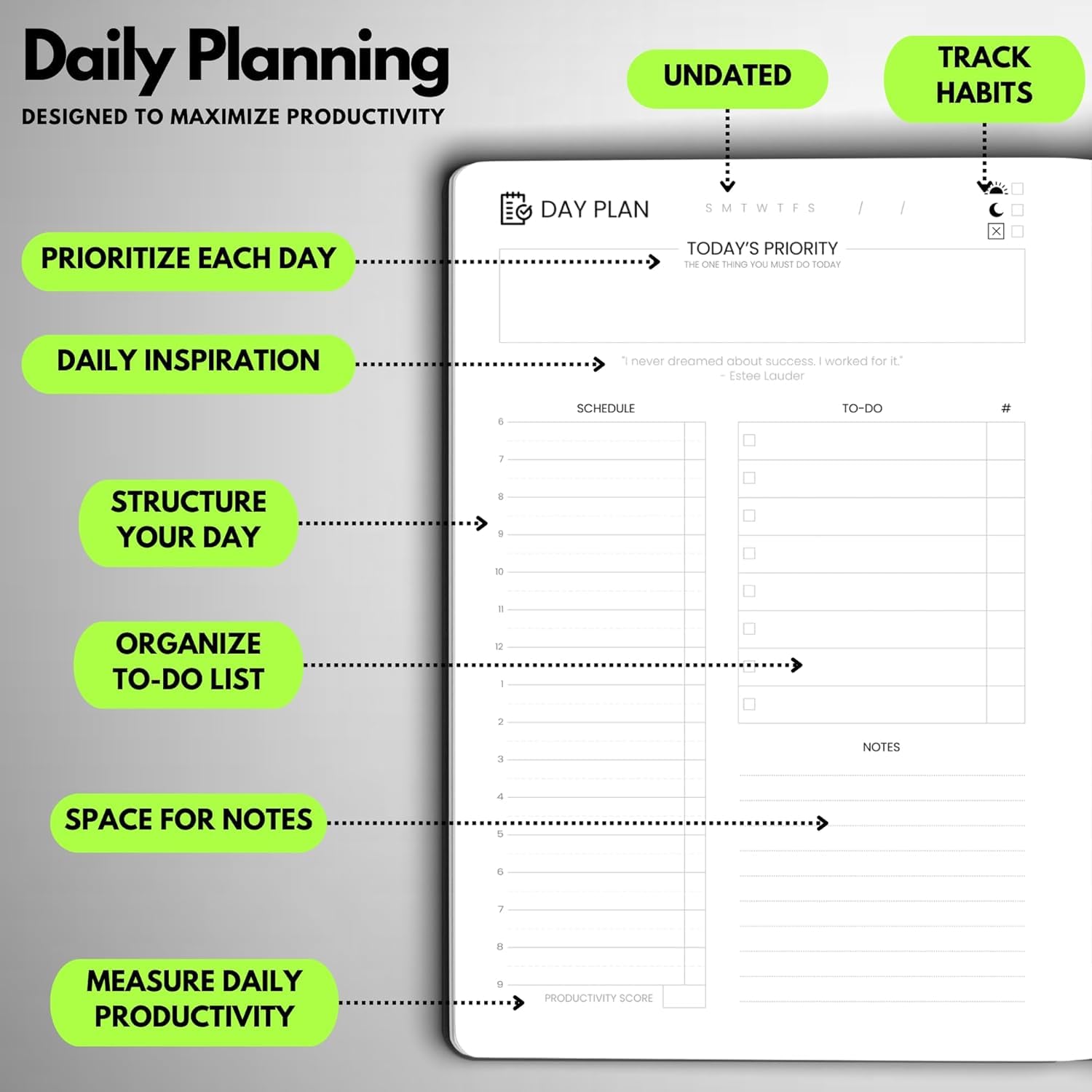 Wyze Planner Planer celów na 3 miesiące. Zwiększ produktywność i osiągaj cele osobiste i biznesowe. Niedatowany dziennik, tygodniowy i miesięczny organizer z kalendarzem (limonkowy zielony)