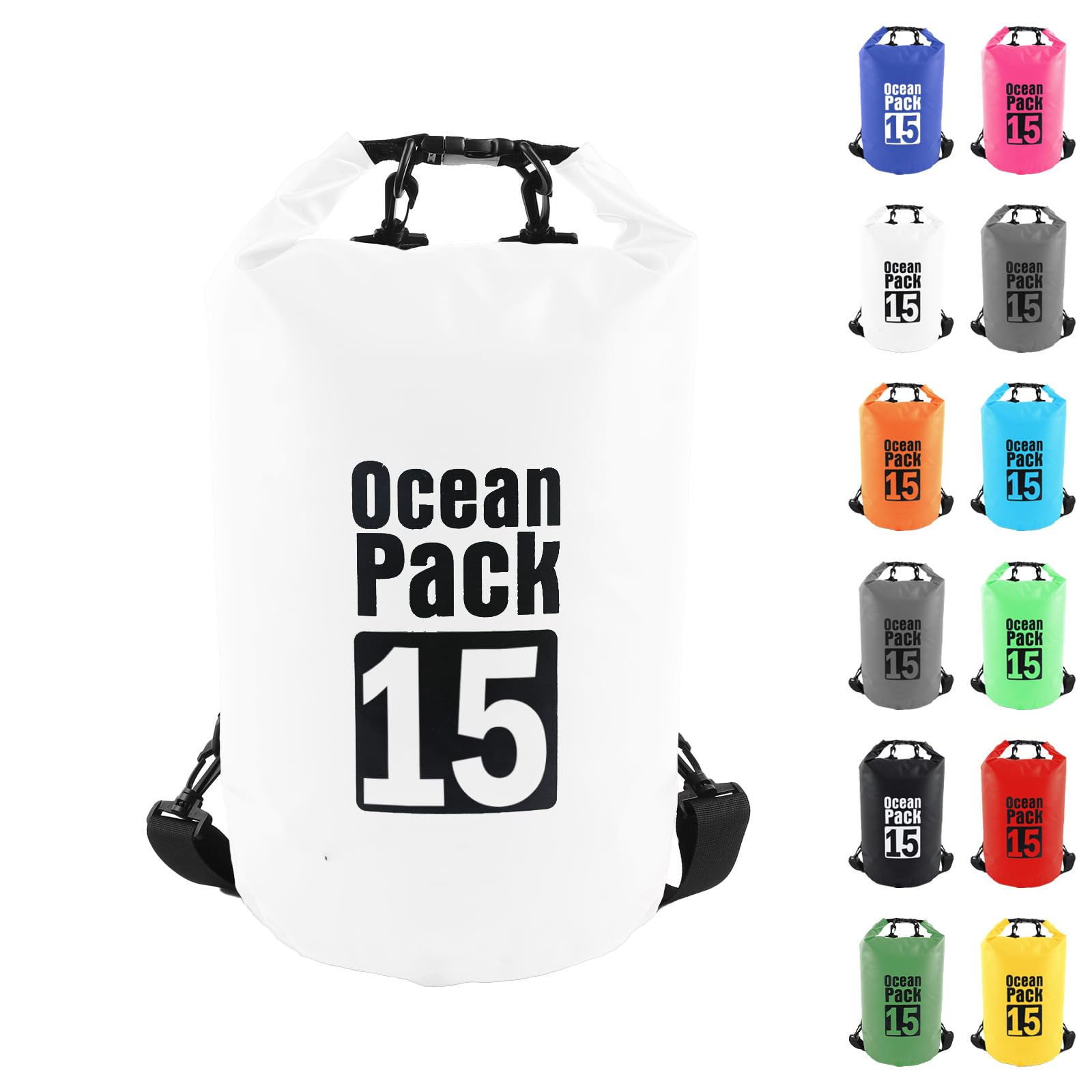 MOMAHUA 15L Waterproof Dry Bag Backpack with Double Shoulder Straps - White Durable PVC Roll Top Dry Sack - Heavy Duty Reusable Rucksack for Kayaking, Boating, Beach & Travel