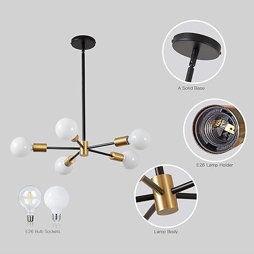 Miniatura 5 de KAISITE Lámpara de araña moderna Sputnik de 8 luces doradas, lámpara de techo colgante de altura ajustable E26 de mediados de siglo para sala de