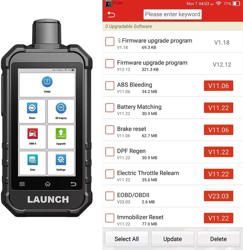 LAUNCH X431 Creader 5011 V2 screen showing software upgrade options