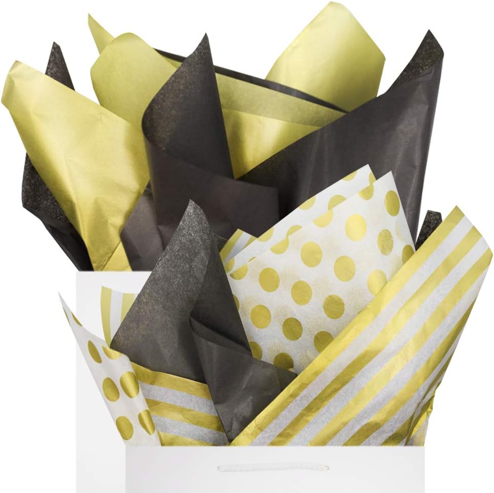 Black & Gold Tissue Paper Gift Wrapping 60 Sheets Set, 26” x 20”, Metallic Gold Polka Dots & Stripes, Recyclable Bulk, Perfect for Christmas Gift Wrapping, Bachelorette, Graduation, by BllalaLab