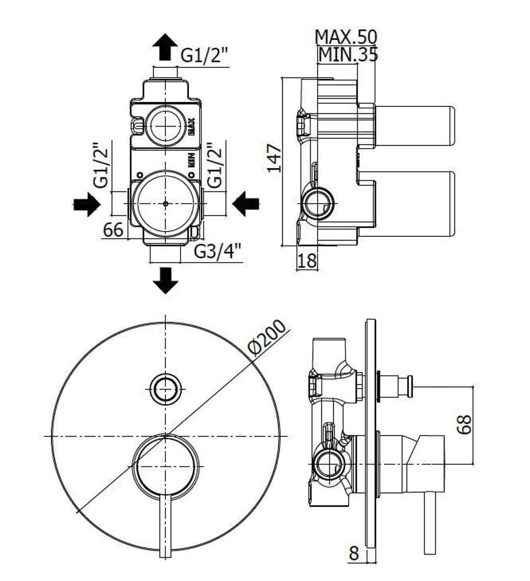 Miscelatore incasso con deviatore STICK