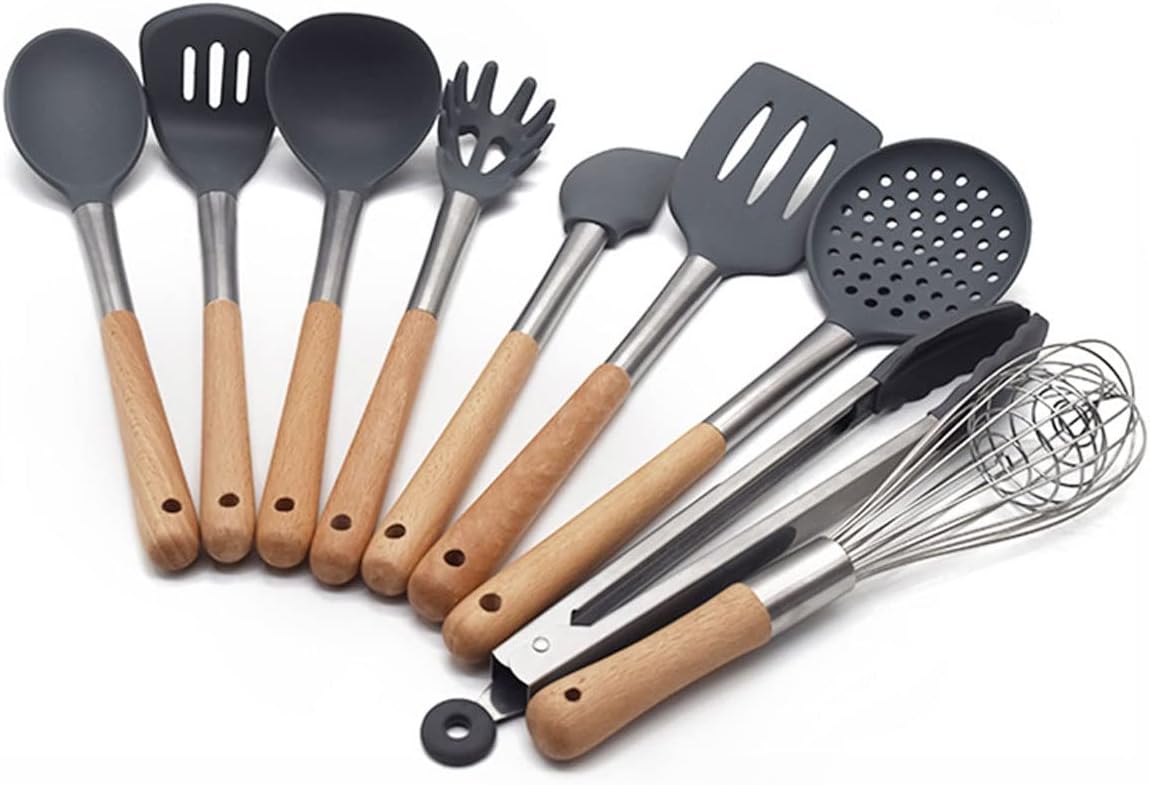 Kitchen Cooking Utensil Set,Wooden Handle Silicone Kitchen Gadgets Utensil Set,9-Piece Set Non-Stick Kitchen Silicone Kitchen Utensils