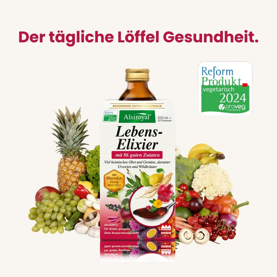 Alsiroyal Lebens-Elixier 6x 520 ml (5+1) · 86 Zutaten + Manuka | Vital Drink mit 86x Obst, Gemüse, Ursorten, Wildkräuter, Mikronährstoffe & Manuka-Honig MGO 500+ · ohne Konservierungsstoffe