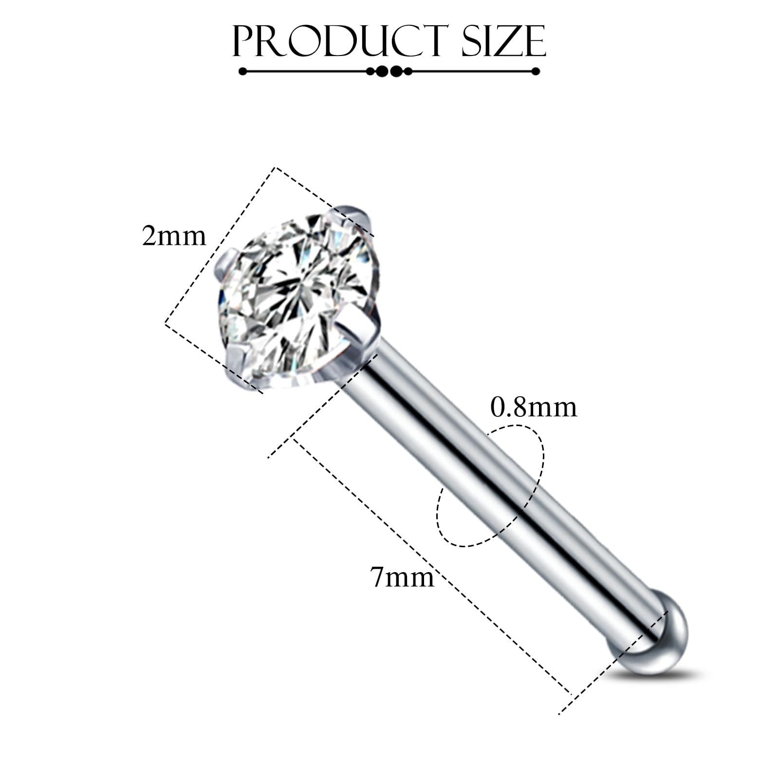 AceFun 20G piercing nariz titanio plata 1 forma G23 plata recta Piercing nariz Joyería para Mujeres Hombres plata circonio cúbico diamantes 1.5mm 2mm 2.5mm 3mm — view 2