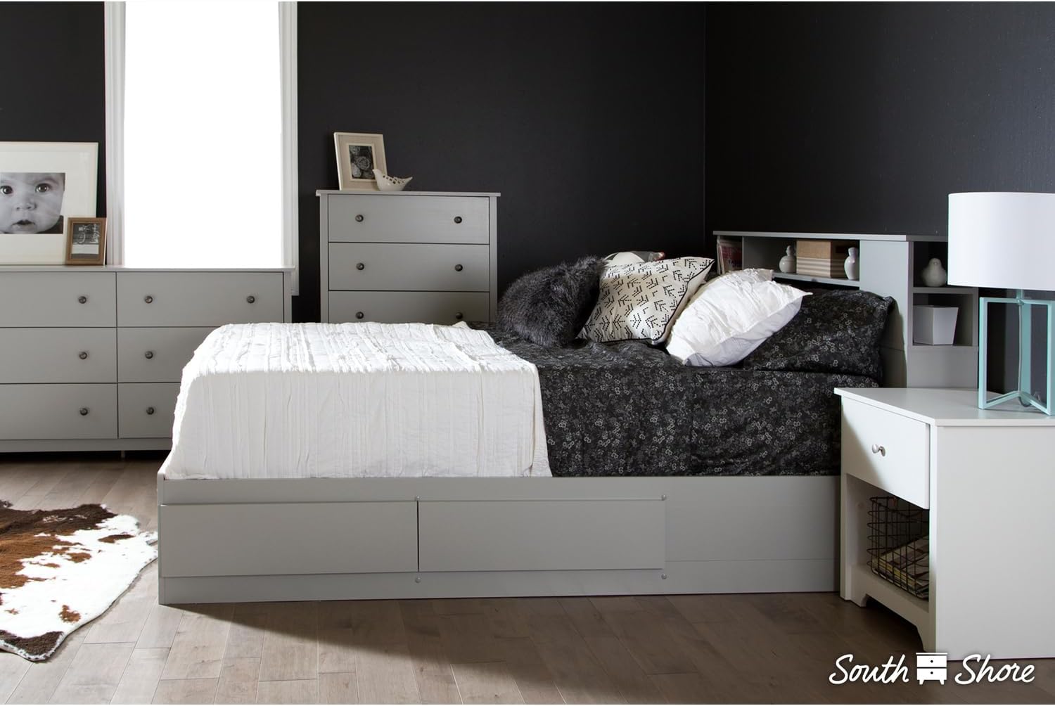 Twin Bookcase Headboard - Black Platform Bed Frame Mount - 13" Wide Storage Shelves