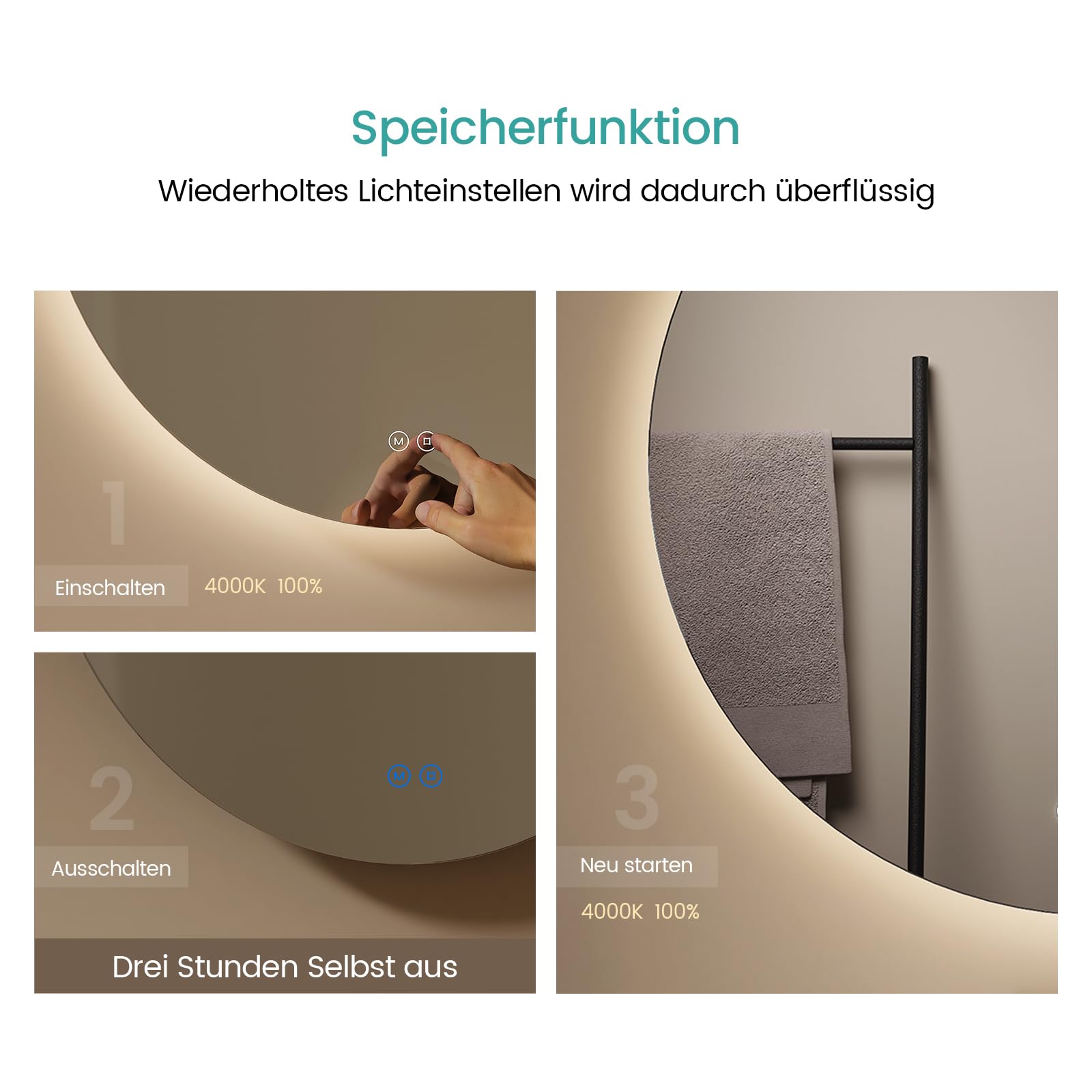 EMKE Runder Badspiegel mit Beleuchtung 60 cm – Spiegel mit 3 Lichtfarben, dimmbar, Touch, Memory-Funktion, energiesparend – Badezimmerspiegel & Wandspiegel