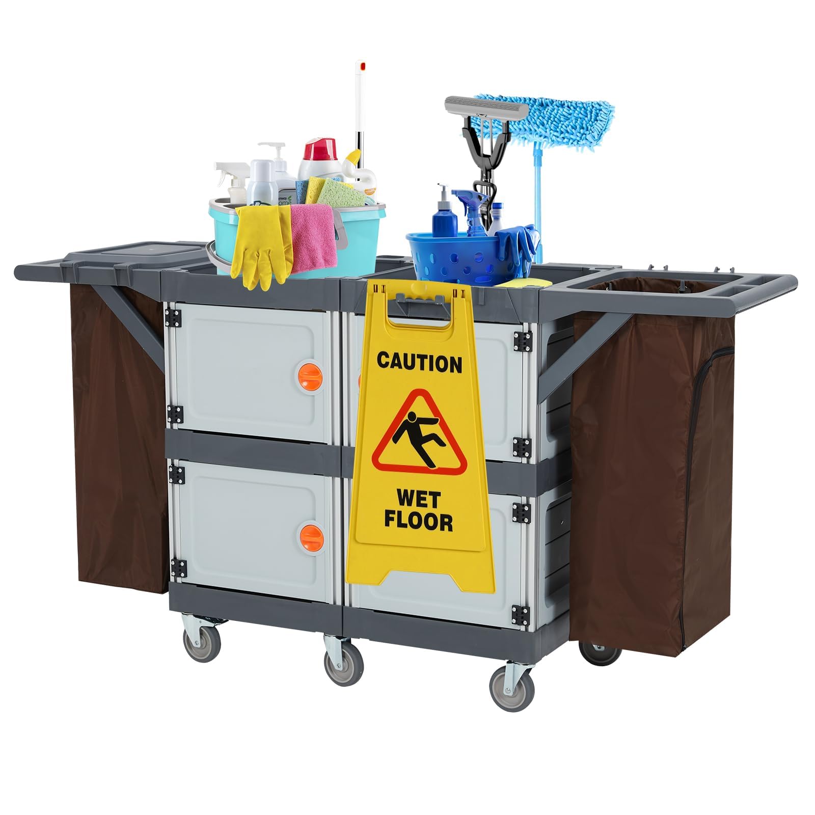 Carrello di Pulizia Professionale - 6 Ruote, Armadietti e Ripiani, Sacco in Vinile, Capacità 300L - Uso Commerciale per Hotel, Ospedali, Uffici - Colore Germany