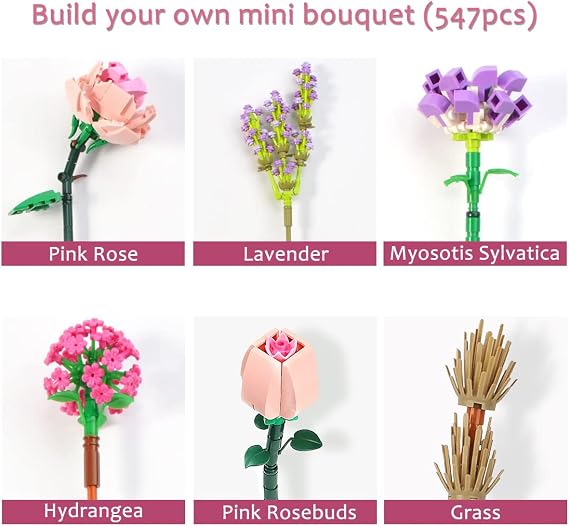 fun4kid Mini Bricks flower bouquet building set, artificial flower building blocks, home decoration, 547 pieces creative botanical collection, for girls aged 8-12