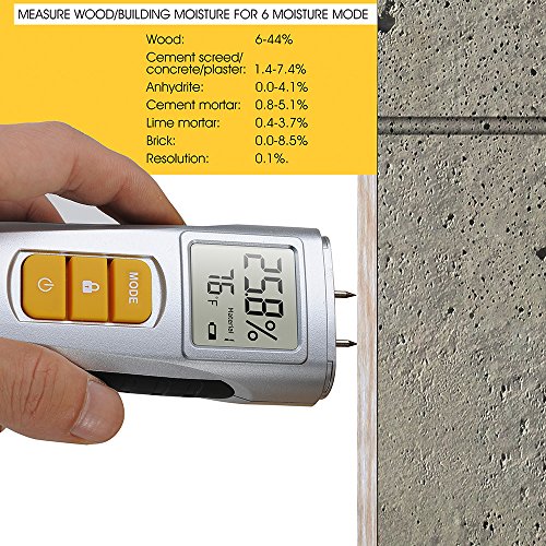 Moisture Meter, Digital Moisture Detector Moisture Tester, Water Leak Detector, Pin Type, Damp Tester Dampness Meter with 6 Modes for Wood Building Material Firewood Walls Paper Floor (Silver) - Thumbnail 7