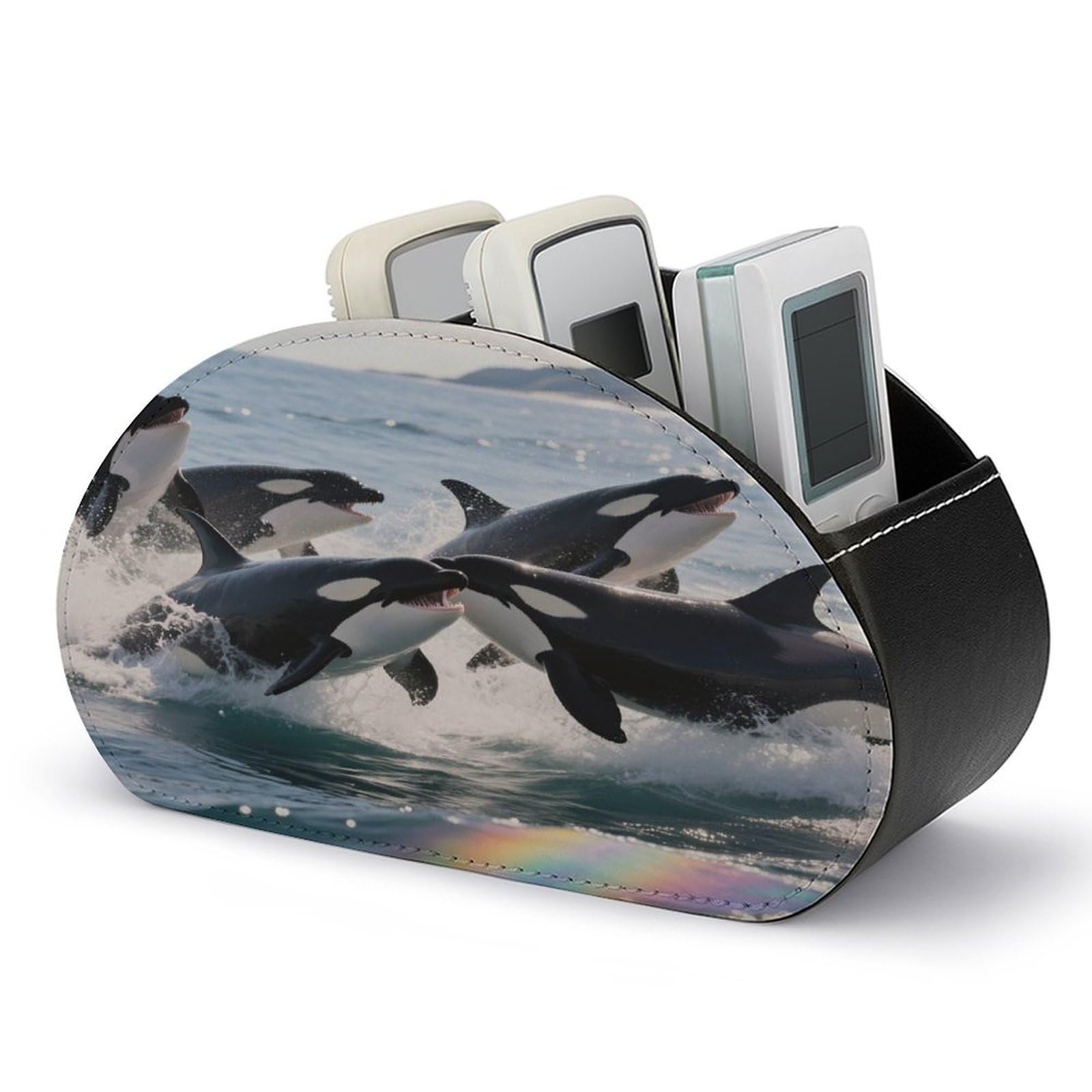 VstaDank Killer Whale Remote Control Holder PU Leather Multifunctional Office Makeup Organizer Brush Holder Desktop Storage with 5 Compartments