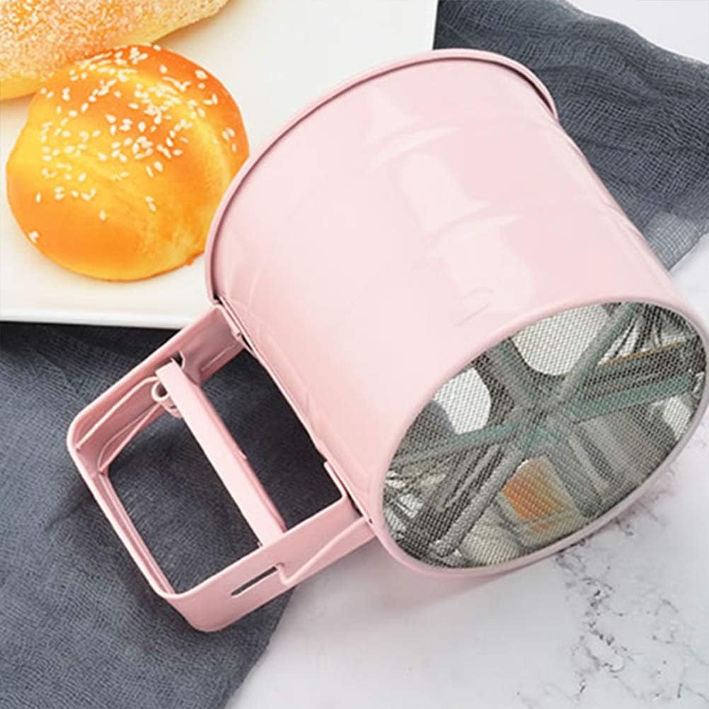 Handheld Flour Sifter, Stainless Steel Powder Sieve Cup,fine flour sifter with specifications, for home baking with food grade materials (Pink)