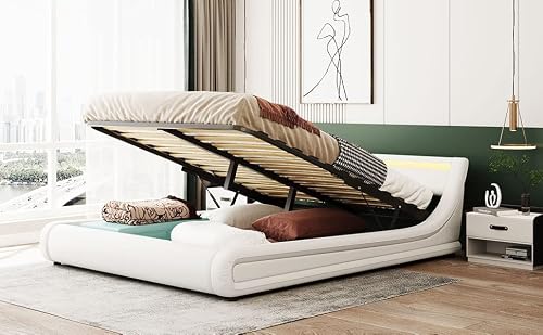 Simple Elegant Upholstered Leather Platform Bed With A Hydraulic Storage System With Led Light Headboard Bed Frame With Slatted Queen Size Practical ( Color : White , Size : 88.6"L X 65.7"W X 26.6"H ) #TOP3