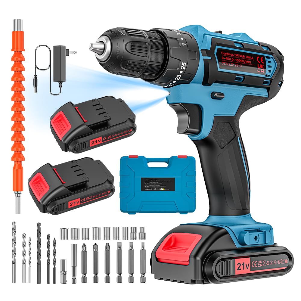 21V Cordless Drill with 2 Batteries and Charger, 25+1+1 Torque Setting Electric Drill with 26 Acessories, Built-in 3/8'' Keyless Chuck, LED Light, Max 398 in/lb Electric Screwdriver