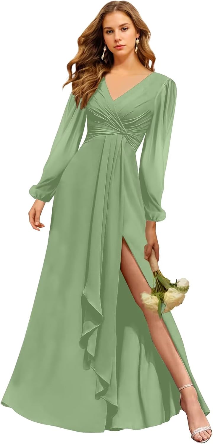 Chiffon Bridesmaid Dresses V Neck Prom Dress Long 2025 Pleated A Line Evening Party Gowns with Slit