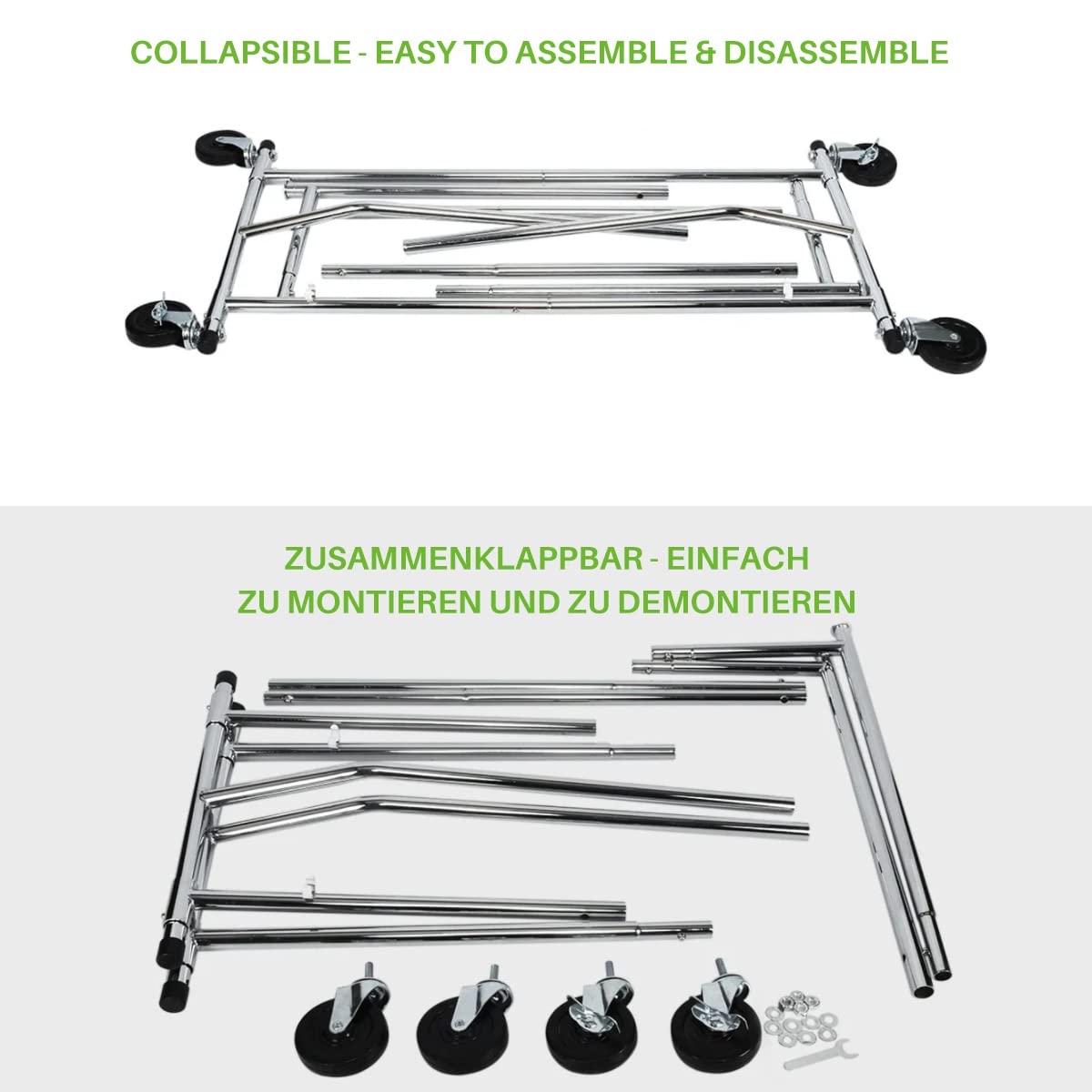 HOKEEPER 113kg Tragfähigkeit Kommerzielle Grade Kleidung Kleiderständer Heavy Duty Sing Rail Einstellbare zusammenklappbare Rolling Kleiderständer auf Rädern,Chrom Finish | Heavy Duty, kommerziell, zum Aufhängen von Kleidung, 4 Rollen, 2 feststellbar, ein