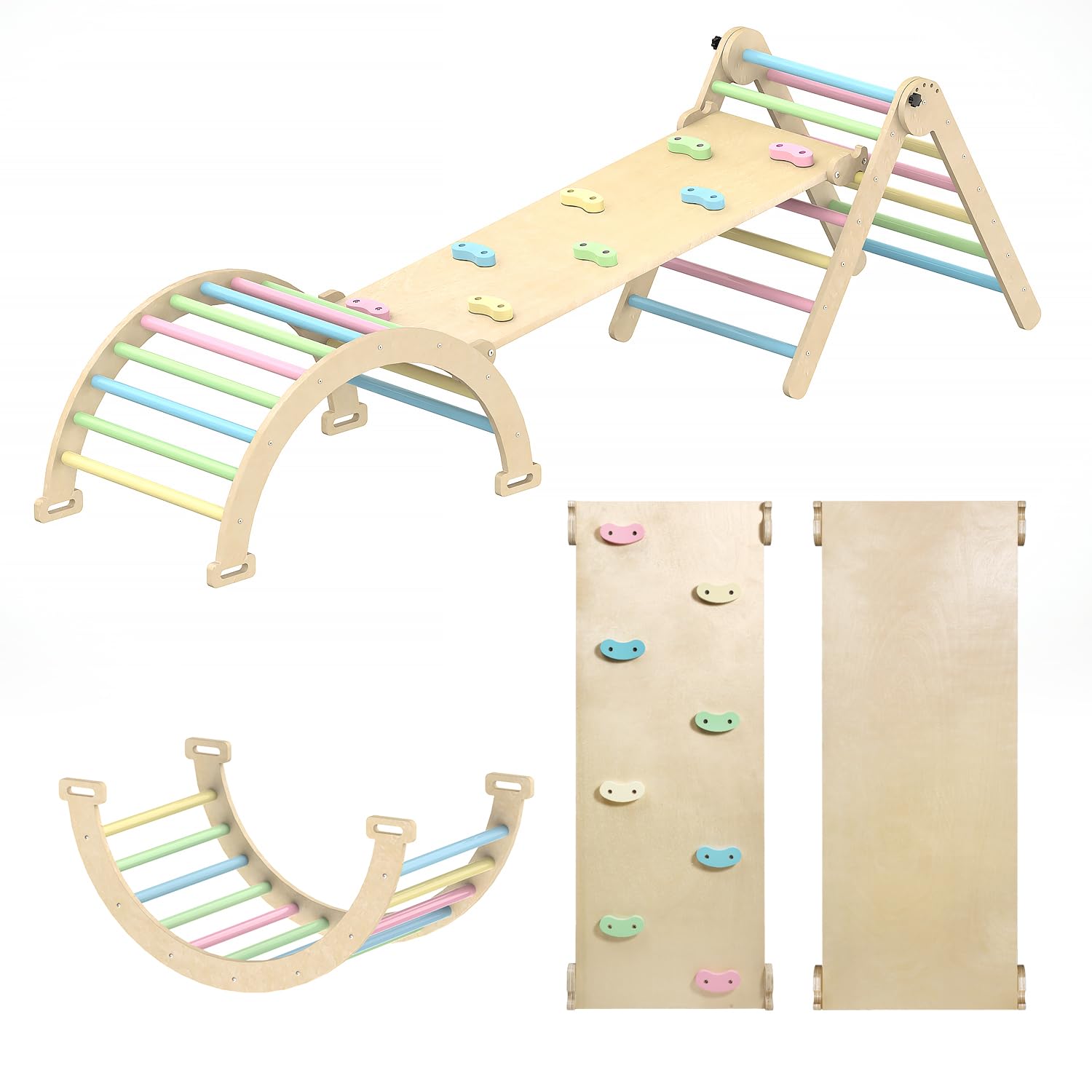 Photo 1 of 5 In1 Pikler Triangle Gym, Pikler Triangle Climbing Set with Arch, Ramp for Baby Toy, Foldable Climbing Triangle Ladder Toys Indoor Playground for Toddlers Kids