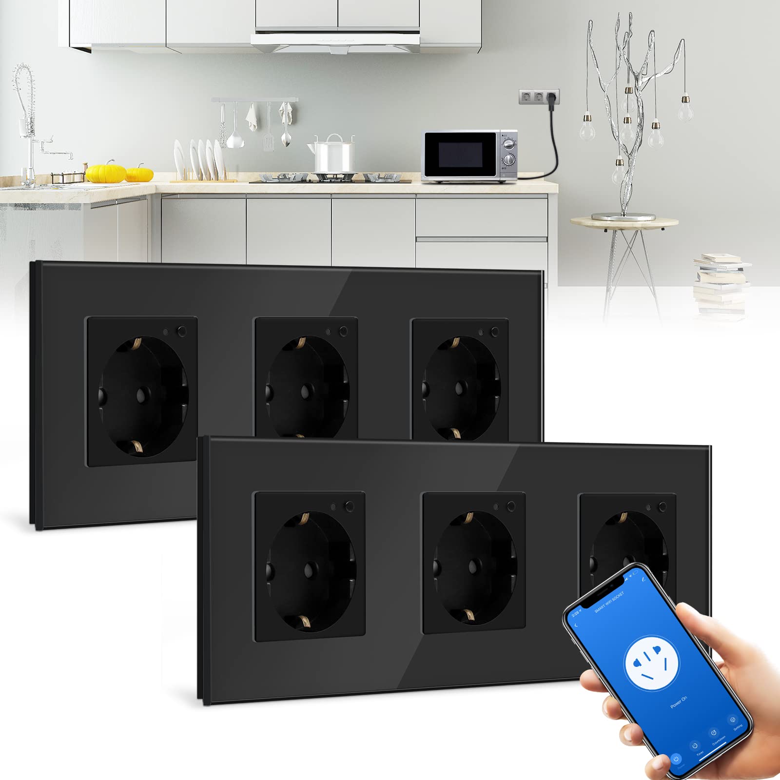 BSEED BSEED Enchufe Triple de Pared WiFi,Schuko Enchufe inteligente Compatible con Alexa y Google Home,Control de APP y Función de Temporizador,protección de contacto,16A Negro-2 Paquete