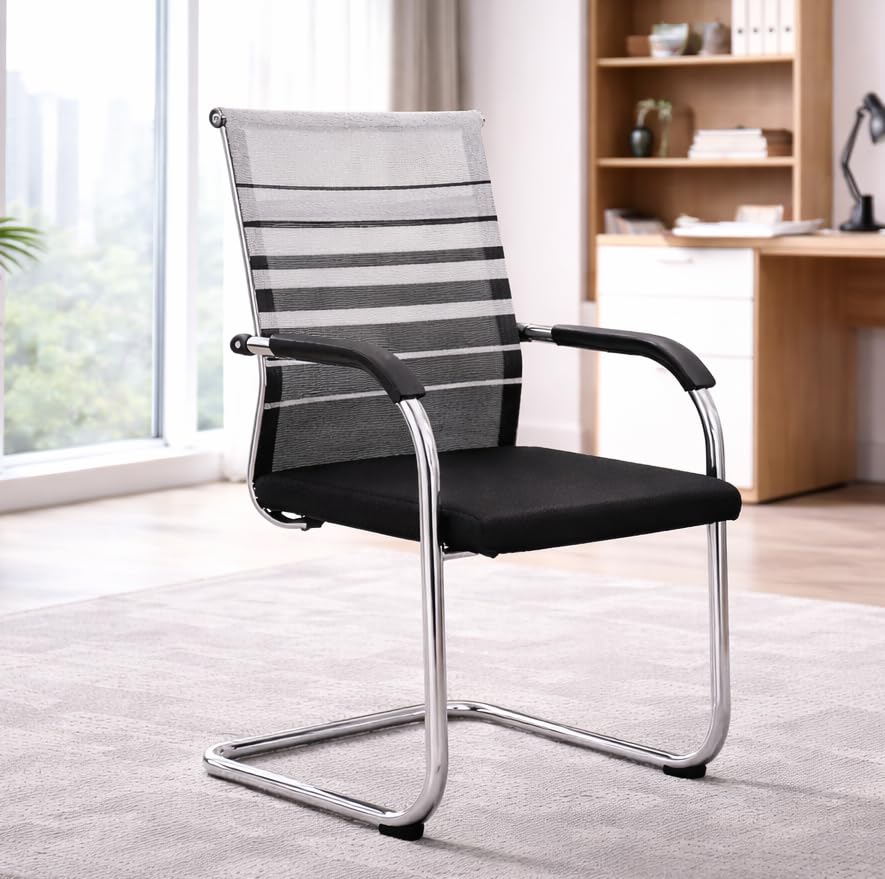 Image of MLU Ergonomic Mesh Office Chair with Armrest & Cushion Seat, Metal Frame Visitor Guest Chair for Study, Conference & Home, Black and Zebra.