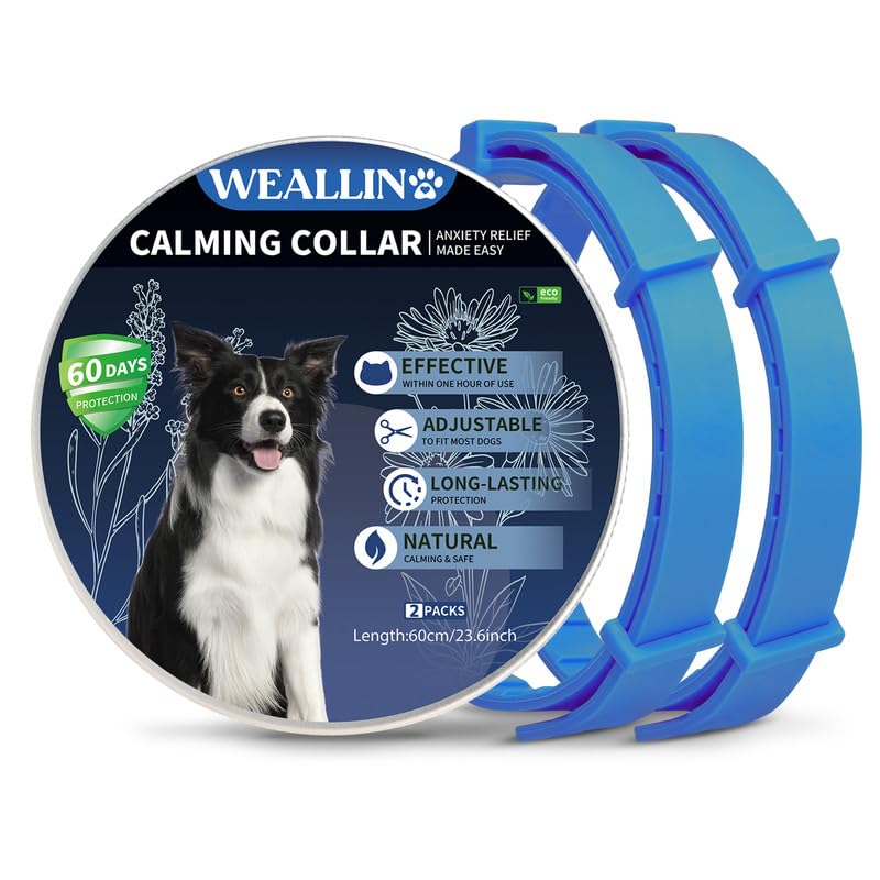 WEALLIN Collare Calmante Anti-Ansia per Cani, Regolabile e Impermeabile, Feromoni Naturali 60 Giorni per Cuccioli e Cani di Grossa Taglia (2pz), Blu