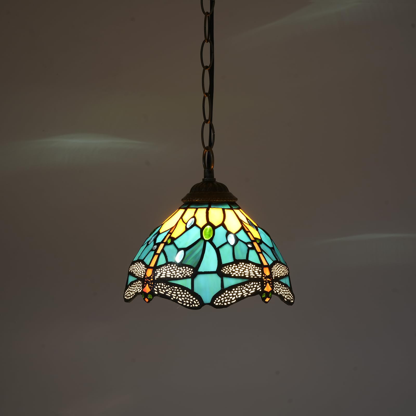 Lámpara Colgante Tiffany con Pantalla de 8 Pulgadas Estilo Libélula Verde Lámpara Colgante Artesanal de Vidriera Ajustable en Altura para Cocina Isla Comedor Pasillo