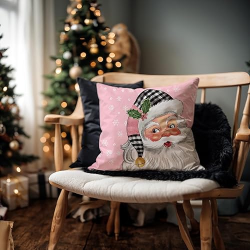Miniatura 4 de Juego de 4 fundas de almohada navideñas de búfalo rosa de 20 x 20 pulgadas, decoraciones navideñas de granja, Papá Noel, muñeco de nieve, copo de