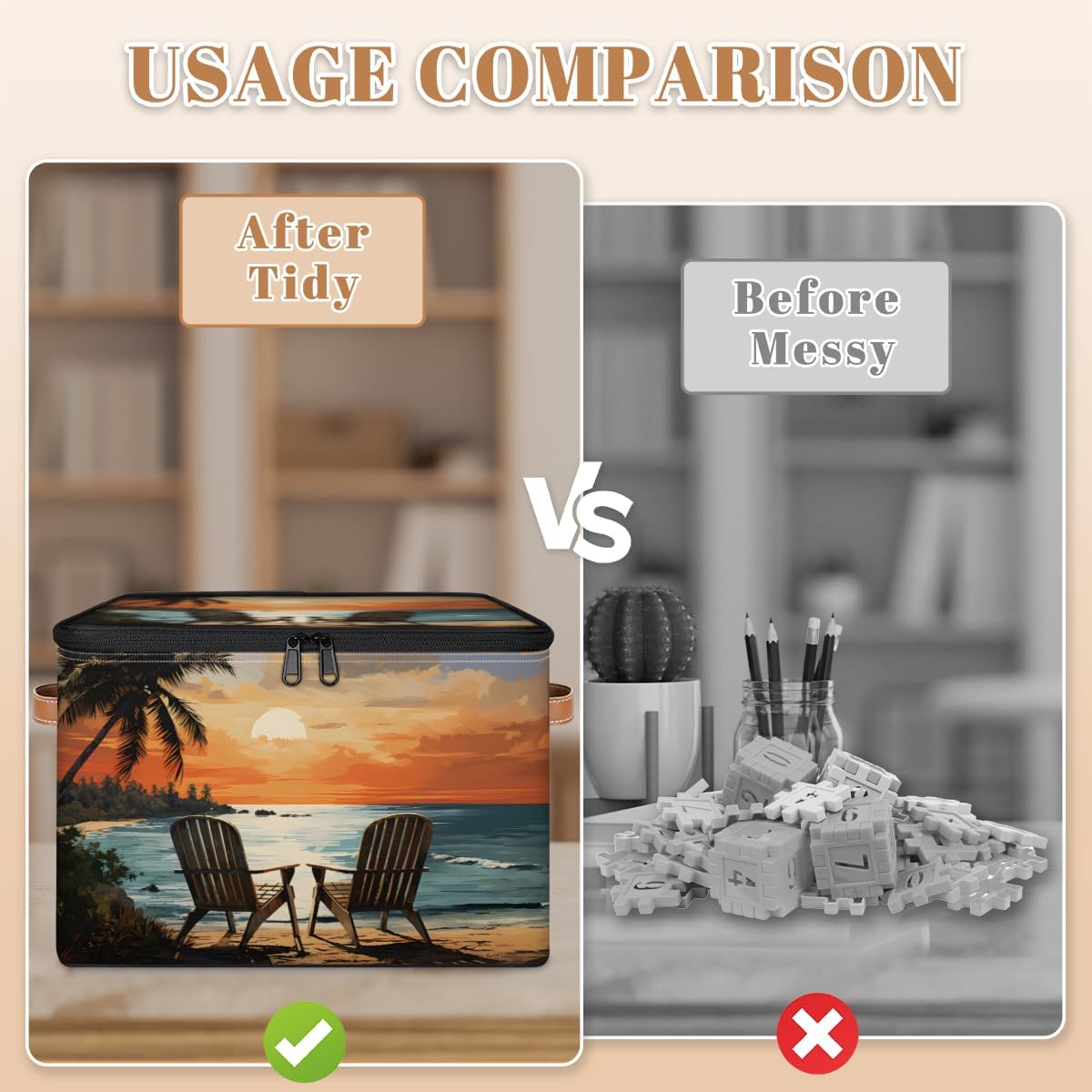 Storage Bin Set of 2 Summer Beach Sunset Storage Basket with Zipper Lid & Handle Foldable Closet Shelf 2 Pack Cloth Organizer Basket Cube Bins Clothes Organizer for Nursery, Bedroom