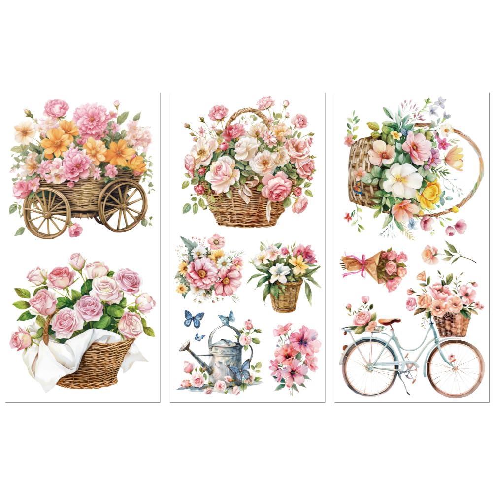 Peacoblue Rub on Transfer Decals for Furniture Crafts Decor 6"x12", 3Pcs Flower Basket Waterproof UV DTF Transfer Decals Sticker for Dresser Lingerie