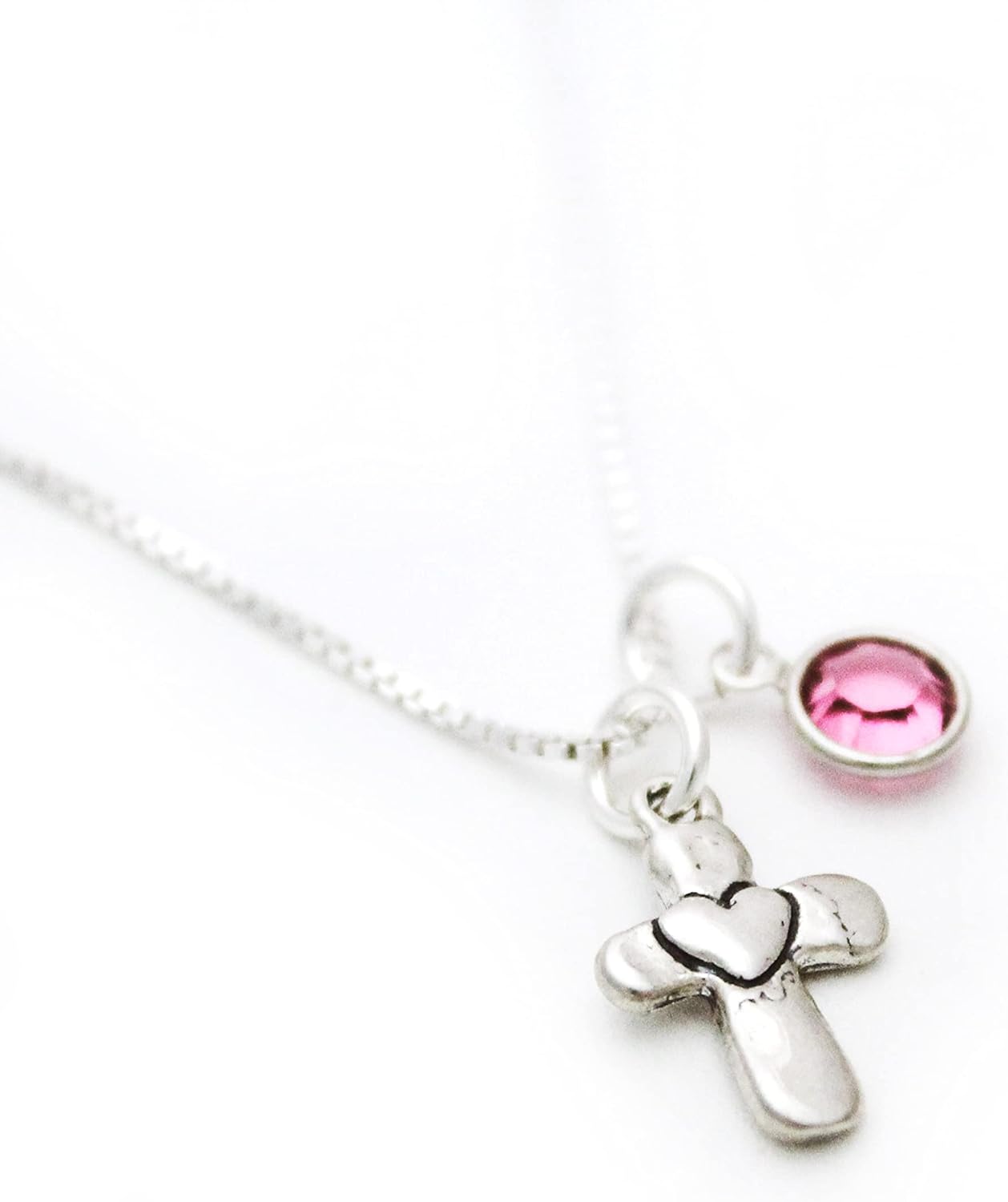 Cross Heart Necklace with Birthstone for Girls - Confirmation Gift - Holy Communion Jewelry - Sterling Silver Cross Necklace - Baptism Gift