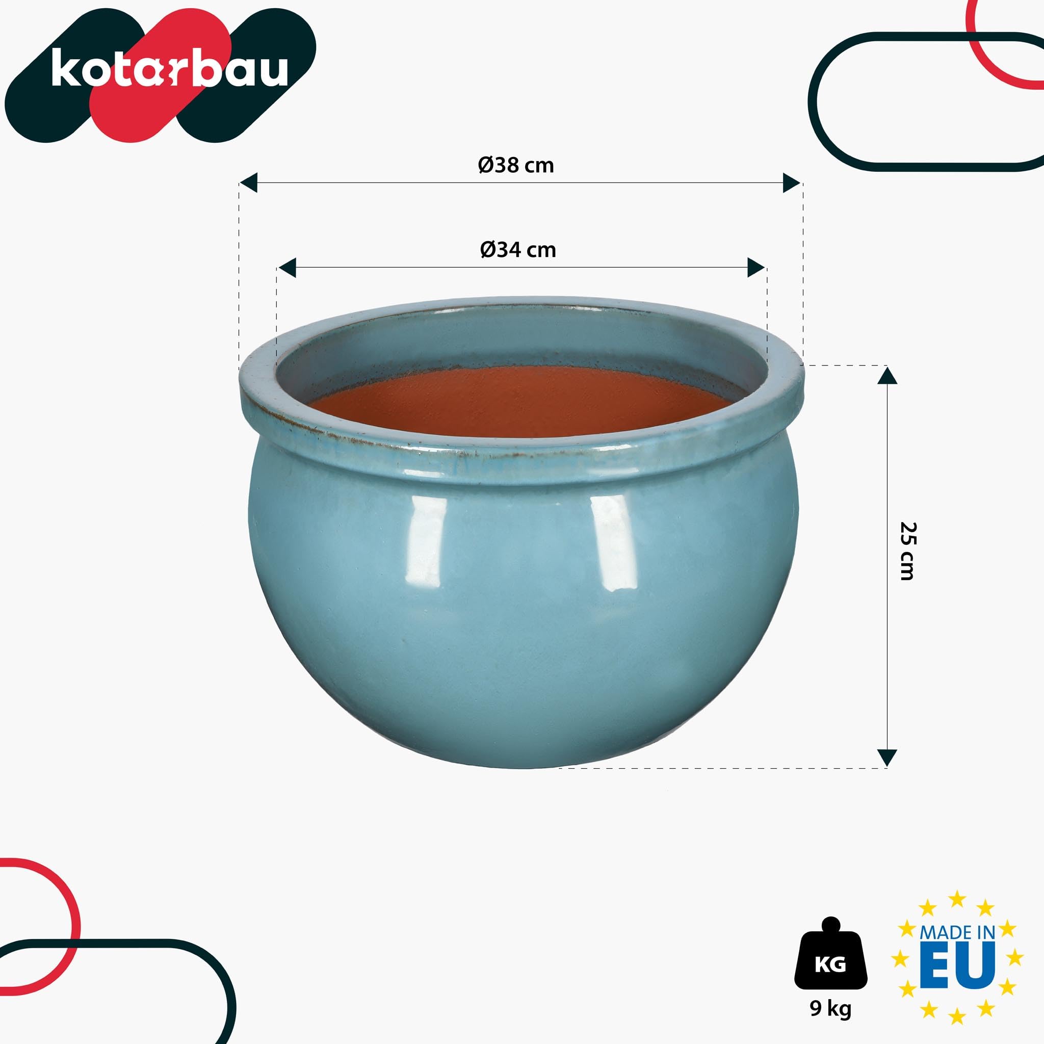KOTARBAU® - Vaso da fiori in ceramica per giardino, rotondo, ⌀ 390 mm, turchese