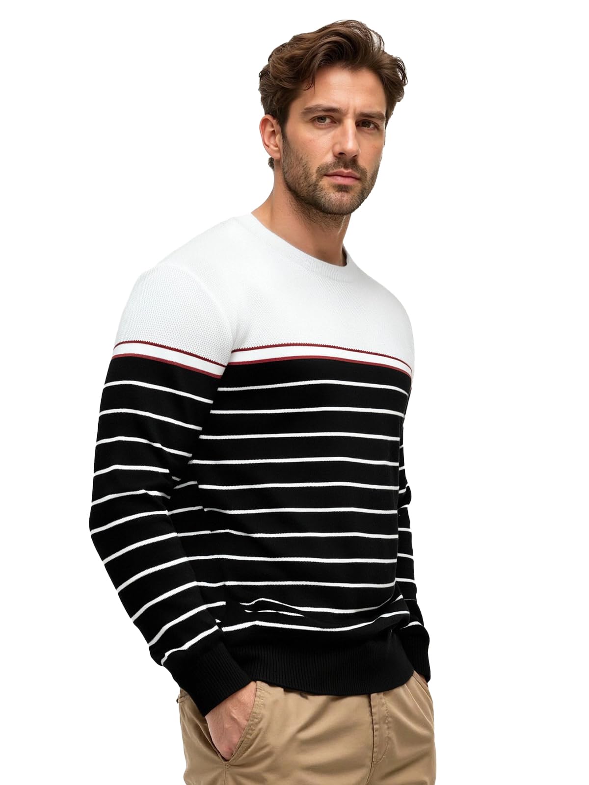 Pull Rayé pour Homme Manches Longues col Rond Bloc de Couleur Tricoté Pull Décontracté Automne Hiver Pul Hauts à Porter au Quotidien