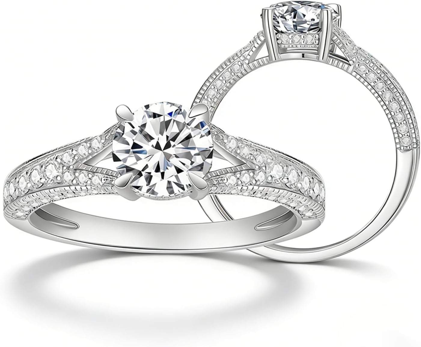 Blocaci Classic Round Engagement Rings for Women Platinum Plated Silver 1CT Center Moissanite Engagement Rings Vintage Women's Promise Ring