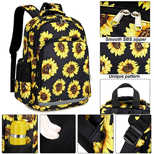 School Backpacks Girls Sunflower Bookbag Water-Resistant Schoolbag Kids Insulation Lunch Bag And Pencil Case (Sunflower - Black) #TOP6