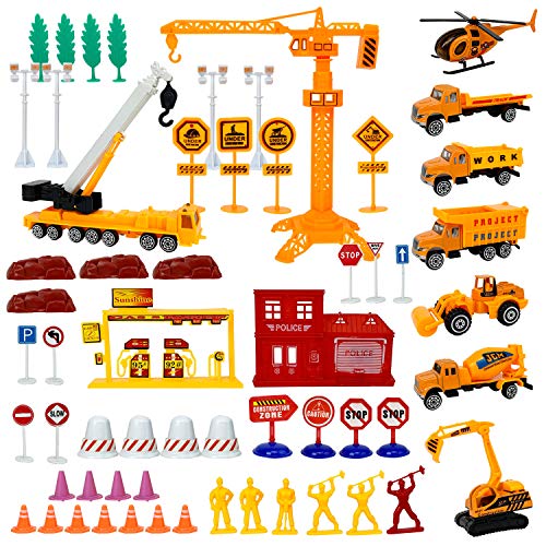 Liberty Imports Engineering Construction Toys Site Pretend Play Bucket Set - Variety Pack with Diecast Cars, Trucks, Tractor Equipment Vehicles, Figures, Signs, Cones, and Accessories