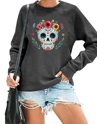 HAJIEXY Day Of The Dead Sweatshirts for Women Sugar Skull