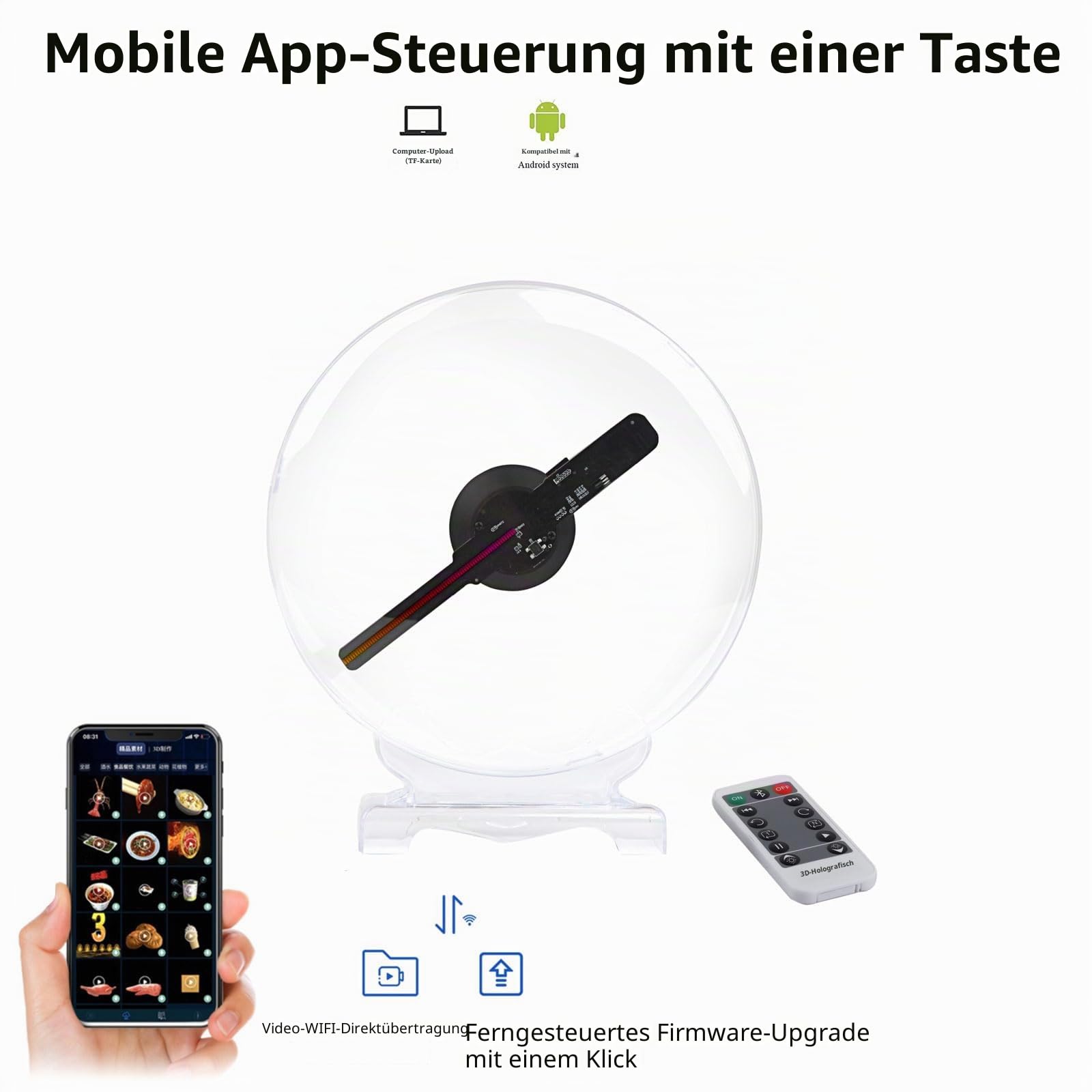 Missyou 3D Hologramm Projektor 20CM mit App Steuerung Bluetooth LED Display Schutzgehäuse Fernbedienung und 1500 Videos für Werbung Messe Schaufenster Weihnachten Halloween