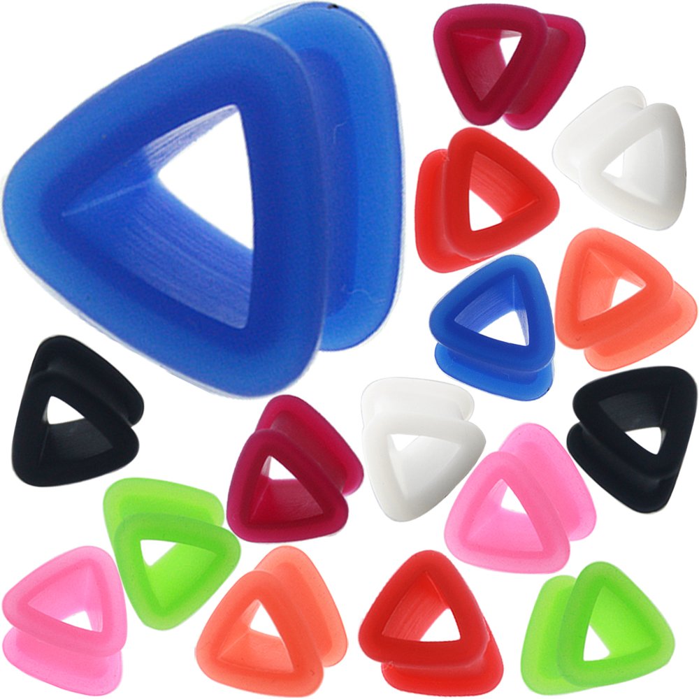 16 Pieces 8g 6g 4g 2g 0g 00g Plugs and Tunnels for Ear Plugs Gauges triangle silicone tunnels 8 6 4 2 0 00 1/2 9/16 5/8 11/16 3/4 7/8 15/14 1 Inch Gauges Set Kit 3mm 4mm 5mm 6mm 8mm 10mm 12mm 14mm 16mm 18mm 20mm 22mm 24mm 26mm Silicone Tunnels Plugs Taper Pincher Piercing Earrings Pair Wholesale Lot Cheap Black White Blue Red Green Orange Pink Purple By Modtanoiz