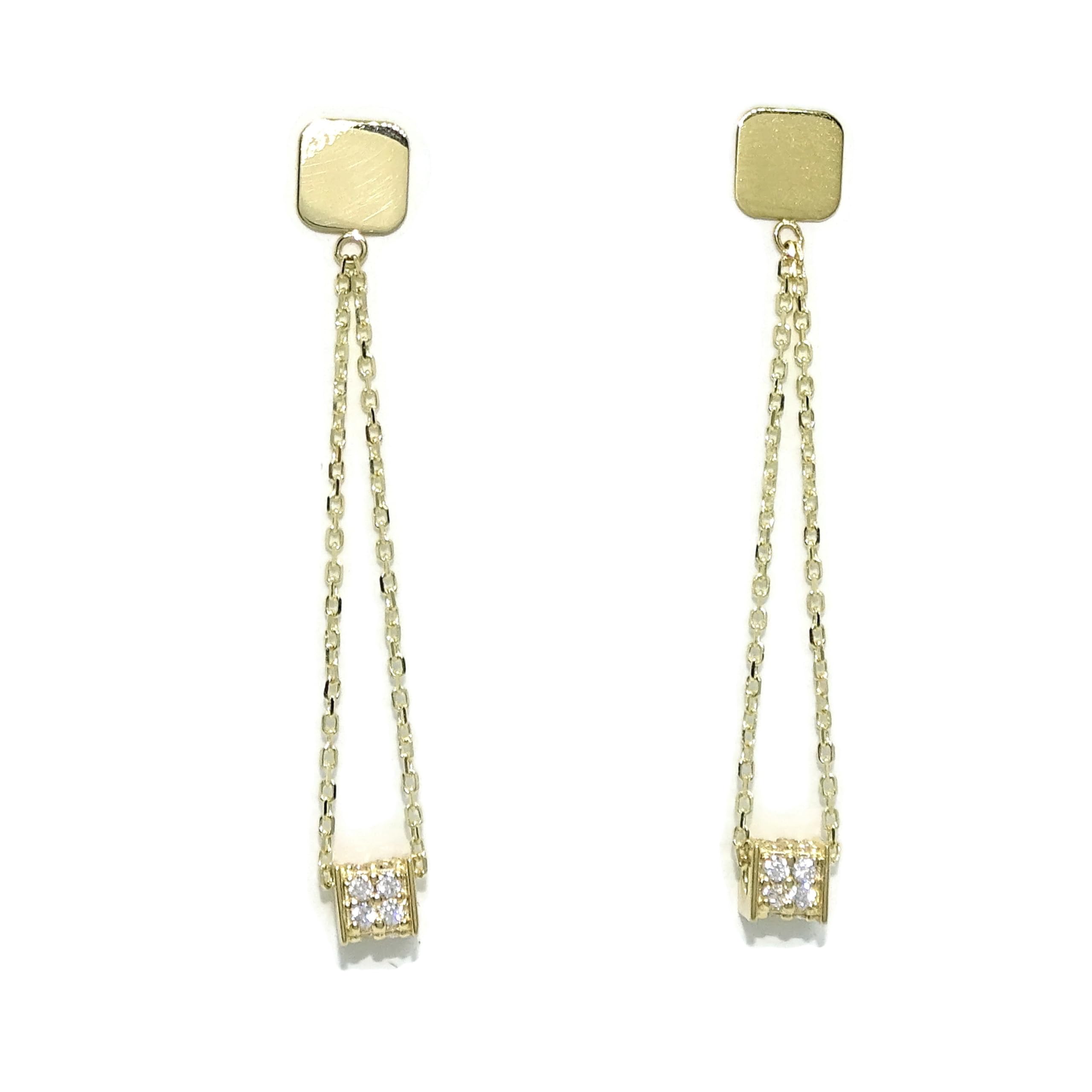 Pendientes largos de oro amarillo de 18k y circonitas para mujer. Largos 3.80cm. Cierre presión. Peso; 1.40gr
