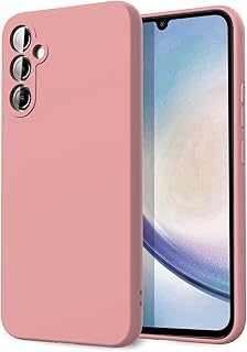 جراب حماية خلفي من السيليكون السائل مضاد للصدمات مع جزء داخلي مبطن بالفرو وغطاء حماية كامل للكاميرا لموبايل سامسونج جالاكسي A34 بينك ، روزي AH175